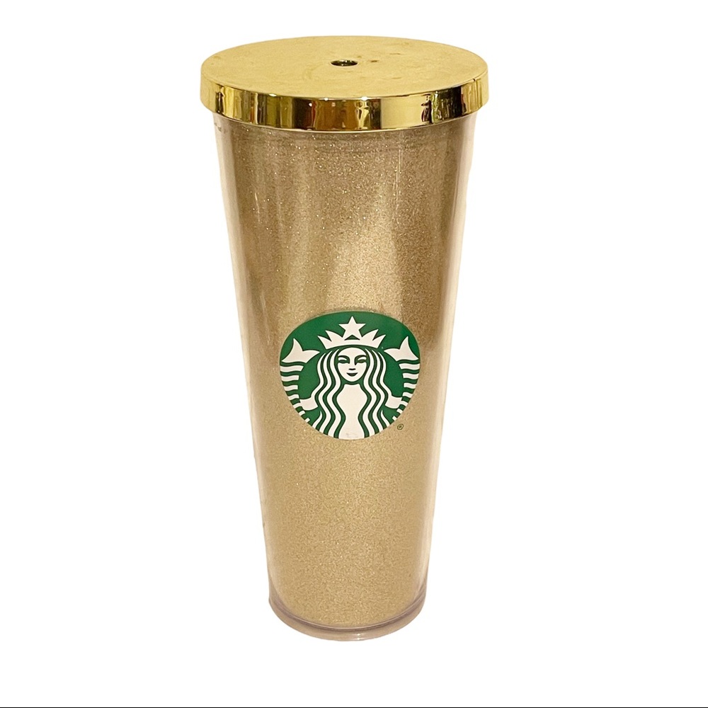 Starbucks 24oz Gold Glitter Plastic Tumbler No Straw Travel
